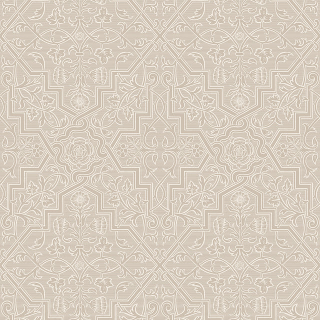 Rosenvinge wallpaper in natural by Boråstapeter for Schumacher, featuring looping vines, leaves, and roses in a geometric pattern.