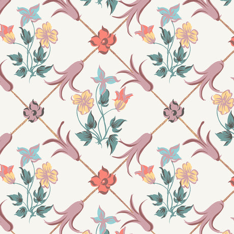 TESSIN wallpaper by Boråstapeter for Schumacher, a Rococo-inspired trellis motif with whimsical multi-colored flowers.
