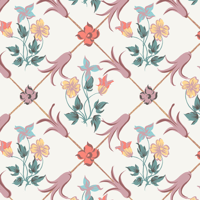 TESSIN wallpaper by Boråstapeter for Schumacher, a Rococo-inspired trellis motif with whimsical multi-colored flowers.