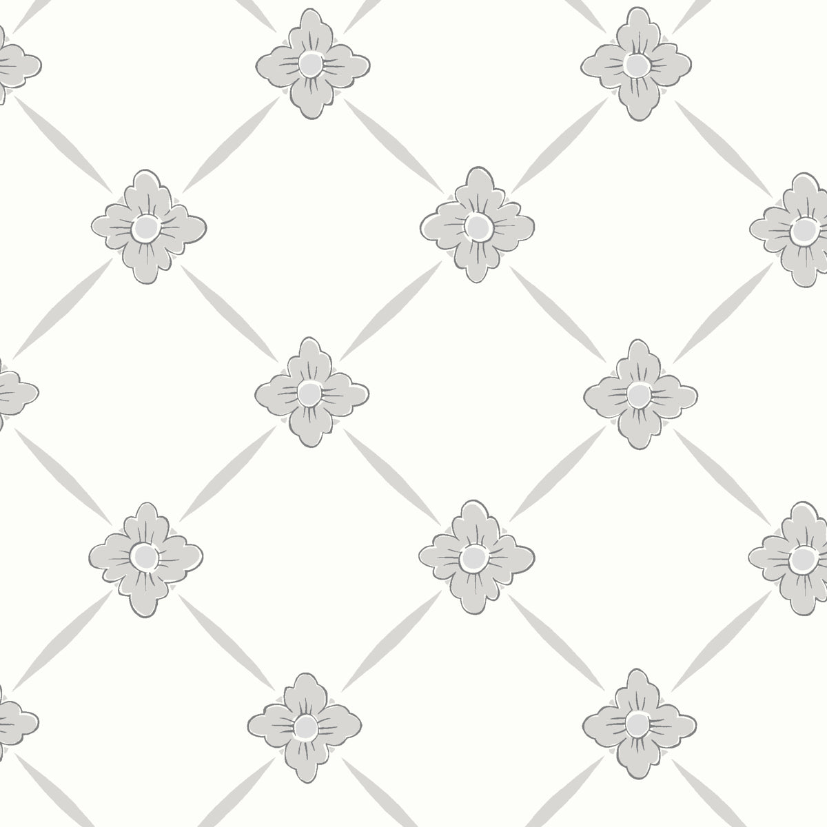 Linné grey and silver wallpaper by Boråstapeter for Schumacher, featuring a rococo-inspired wildflower diamond pattern.