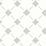 Linné grey and silver wallpaper by Boråstapeter for Schumacher, featuring a rococo-inspired wildflower diamond pattern.