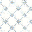 Linné blue and gold floral diamond pattern wallpaper by Boråstapeter for Schumacher, shown in a styled interior and close-up.