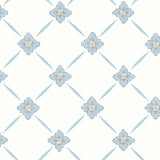 Linné blue and gold floral diamond pattern wallpaper by Boråstapeter for Schumacher, shown in a styled interior and close-up.