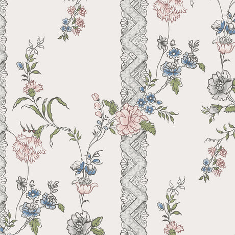 Slottsteatern by Boråstapeter for Schumacher. Classic Swedish floral wallpaper with vertical bands in multi-color.