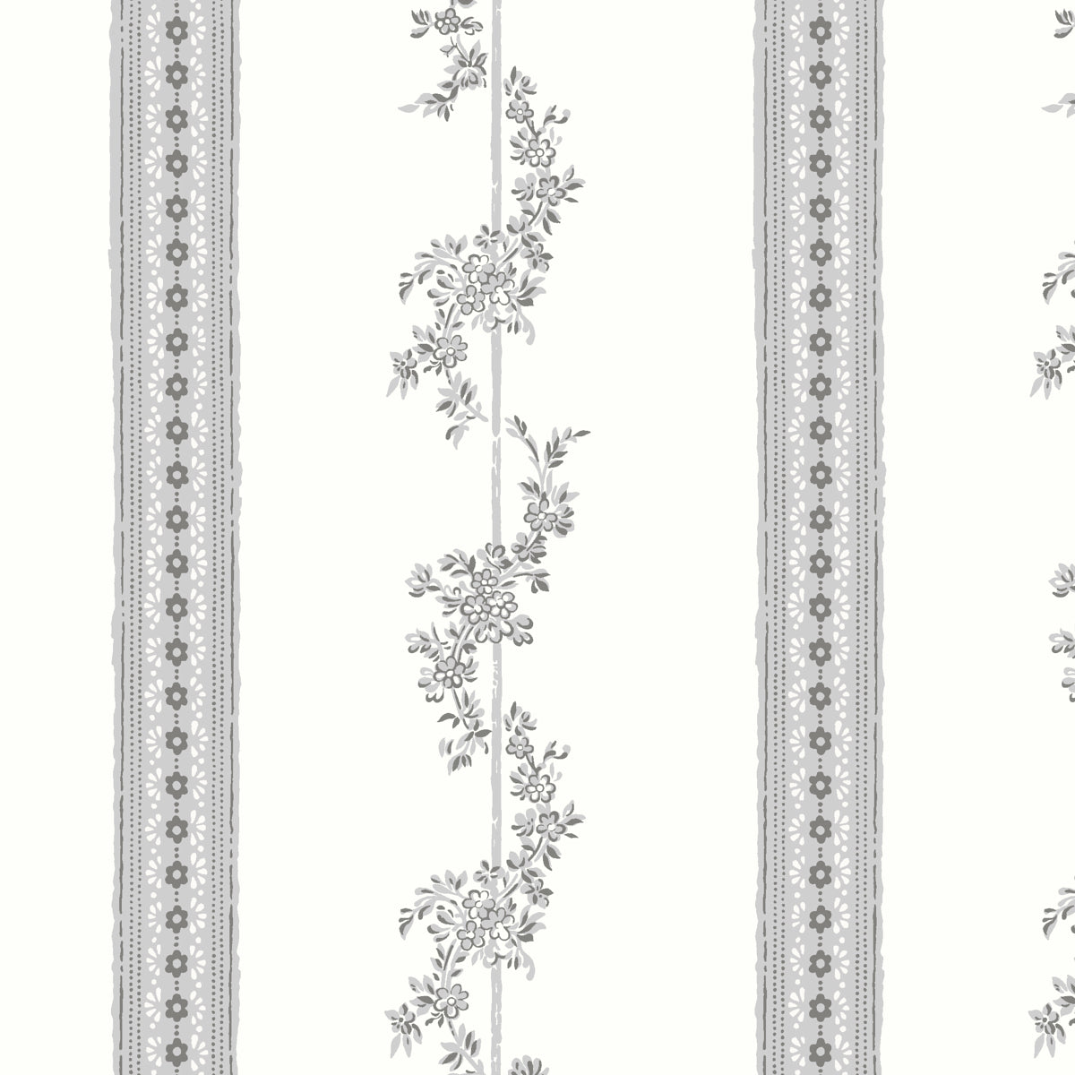 DROTTNINGHOLM wallpaper in grey by Boråstapeter for Schumacher, featuring elegant looping florals and banded daisies inspired by Drottningholm Palace Theatre.