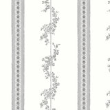 DROTTNINGHOLM wallpaper in grey by Boråstapeter for Schumacher, featuring elegant looping florals and banded daisies inspired by Drottningholm Palace Theatre.