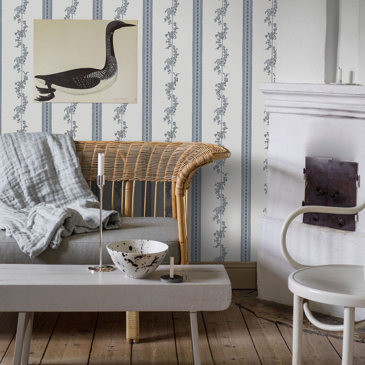 Drottningholm Blue Floral Stripe Wallpaper by Boråstapeter – Schumacher 4509