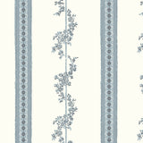 Drottningholm blue floral and banded daisy stripe wallpaper by Boråstapeter for Schumacher, shown in a Scandinavian-inspired living room.