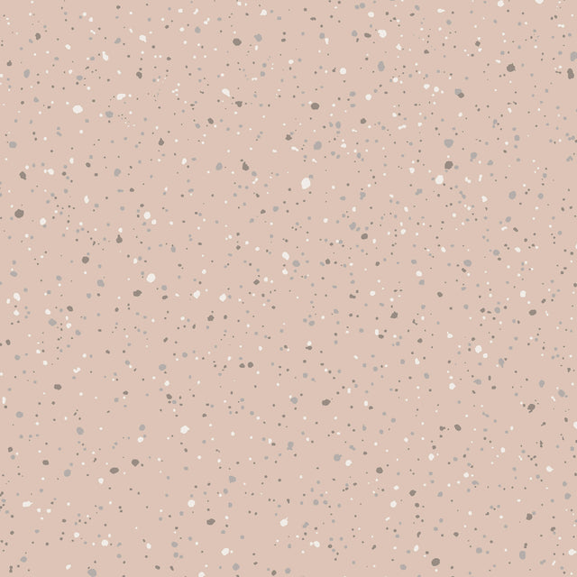 Johan Petal by Boråstapeter, a splatter-paint dotted wallpaper in soft pink tones, shown in detail and styled interior.