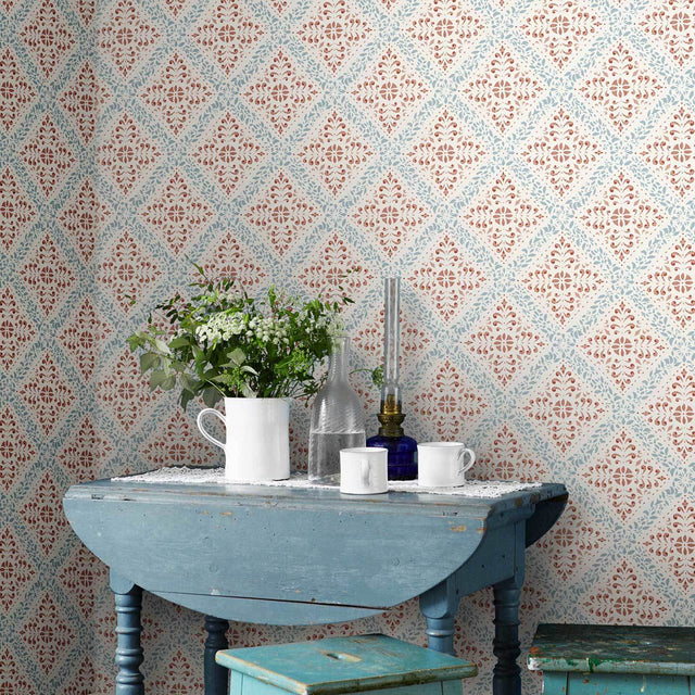 Nyborg Blue and Red Trellis Wallpaper by Boråstapeter – Schumacher 4514