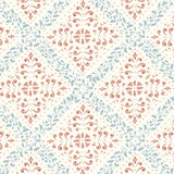 Nyborg blue and red trellis-motif wallpaper by Boråstapeter for Schumacher, styled in a Scandinavian interior.