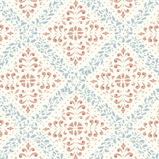 Nyborg blue and red trellis-motif wallpaper by Boråstapeter for Schumacher, styled in a Scandinavian interior.