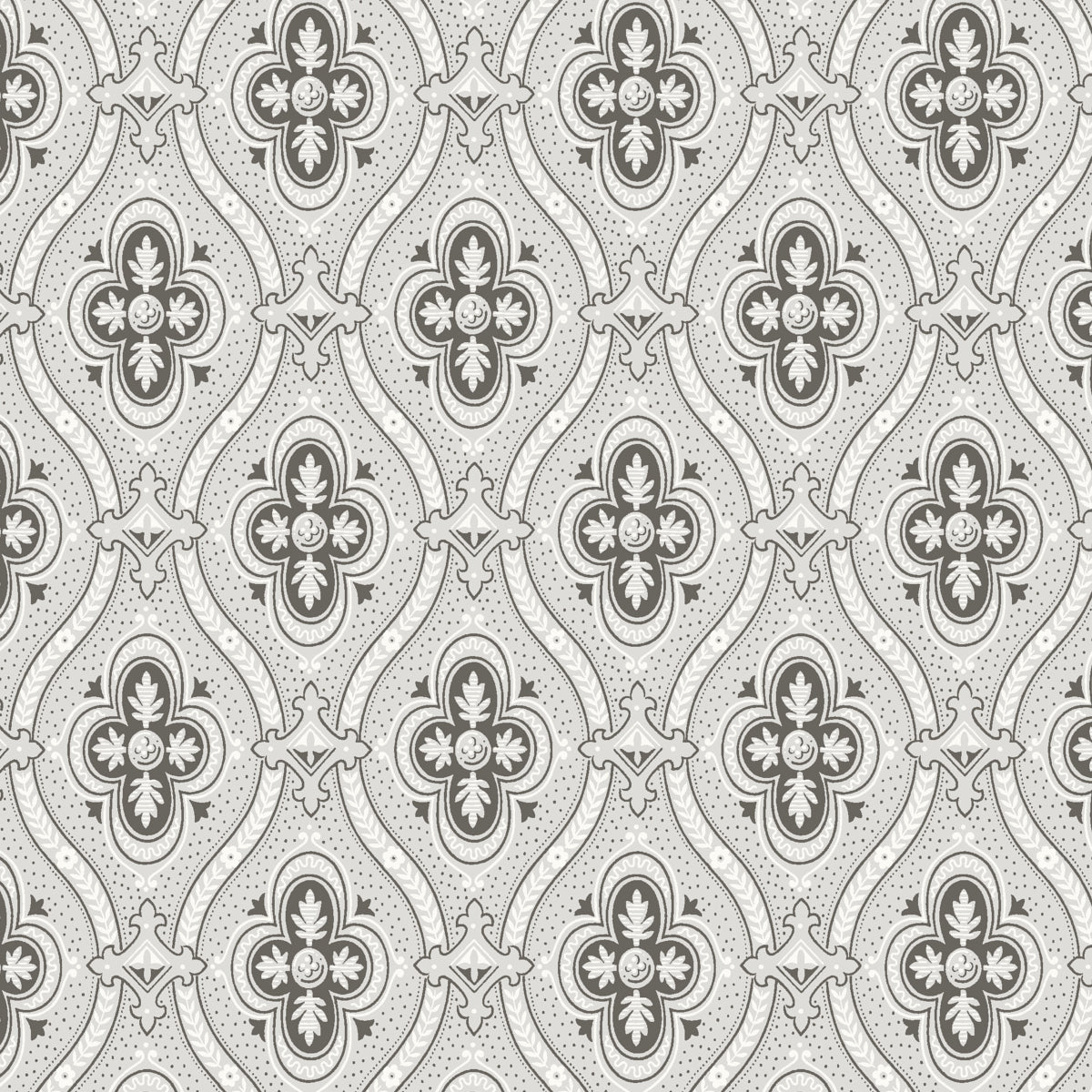 Pigkammaren wallpaper in umber by Boråstapeter for Schumacher, featuring a stylized medallion pattern in a classic, regal style.
