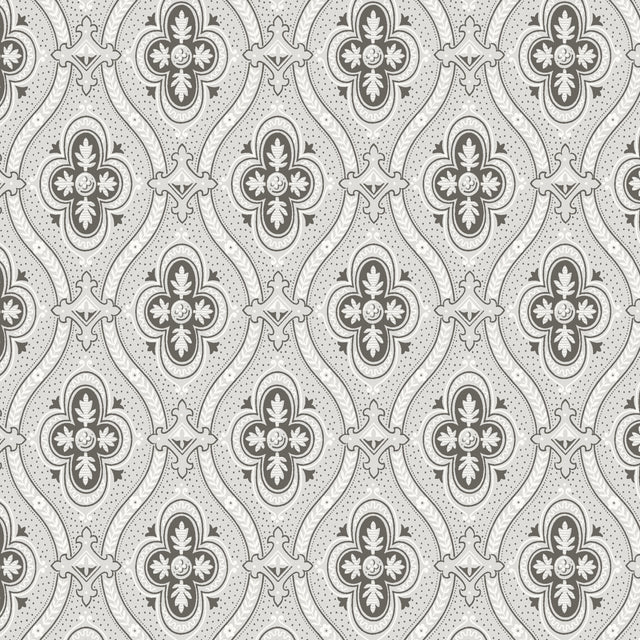 Pigkammaren wallpaper in umber by Boråstapeter for Schumacher, featuring a stylized medallion pattern in a classic, regal style.