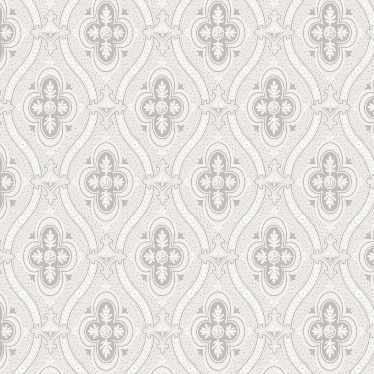 Pigkammaren grey medallion wallpaper by Boråstapeter for Schumacher, shown in a styled interior and pattern close-up.