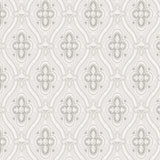 Pigkammaren grey medallion wallpaper by Boråstapeter for Schumacher, shown in a styled interior and pattern close-up.