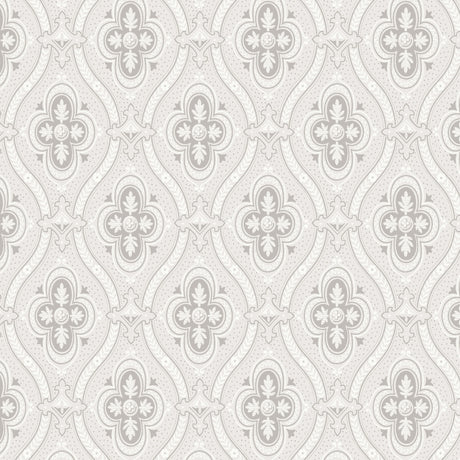 Pigkammaren grey medallion wallpaper by Boråstapeter for Schumacher, shown in a styled interior and pattern close-up.