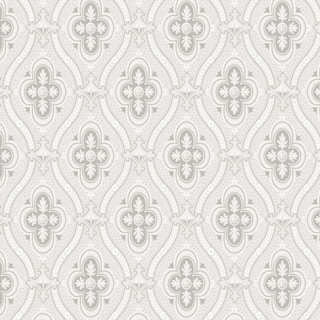Pigkammaren grey medallion wallpaper by Boråstapeter for Schumacher, shown in a styled interior and pattern close-up.
