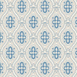 PIGKAMMAREN blue medallion wallpaper by Boråstapeter for Schumacher, shown in a styled interior and pattern close-up.