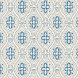 PIGKAMMAREN blue medallion wallpaper by Boråstapeter for Schumacher, shown in a styled interior and pattern close-up.