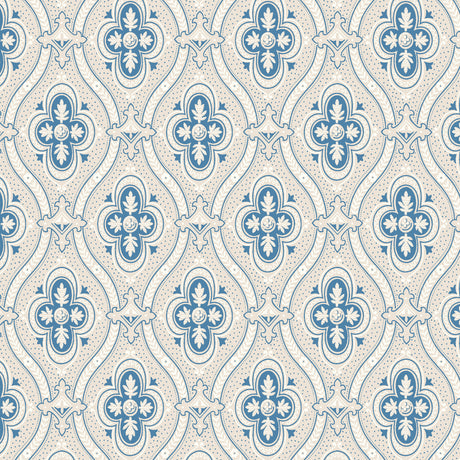 PIGKAMMAREN blue medallion wallpaper by Boråstapeter for Schumacher, shown in a styled interior and pattern close-up.