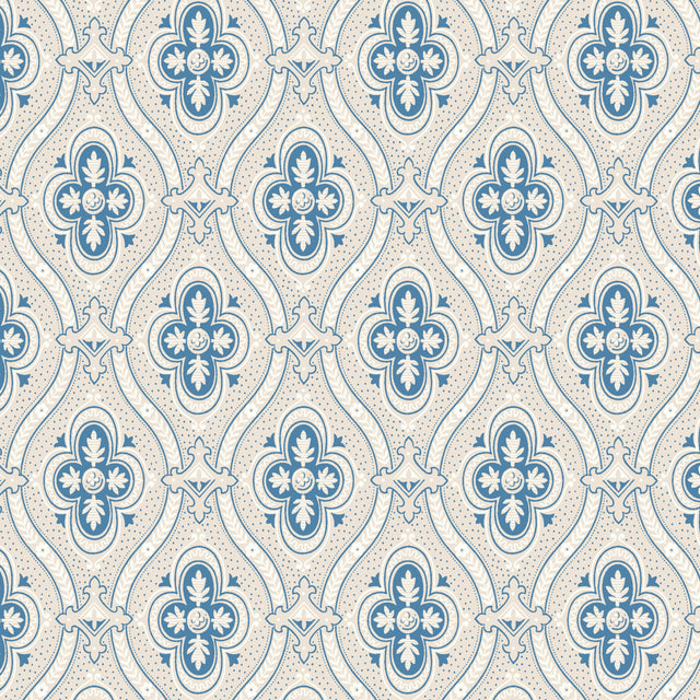 PIGKAMMAREN blue medallion wallpaper by Boråstapeter for Schumacher, shown in a styled interior and pattern close-up.