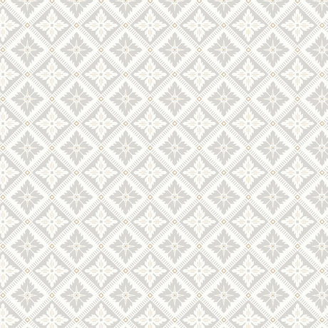 Loka grey and gold geometric floral wallpaper by Boråstapeter for Schumacher, shown in room and detail views