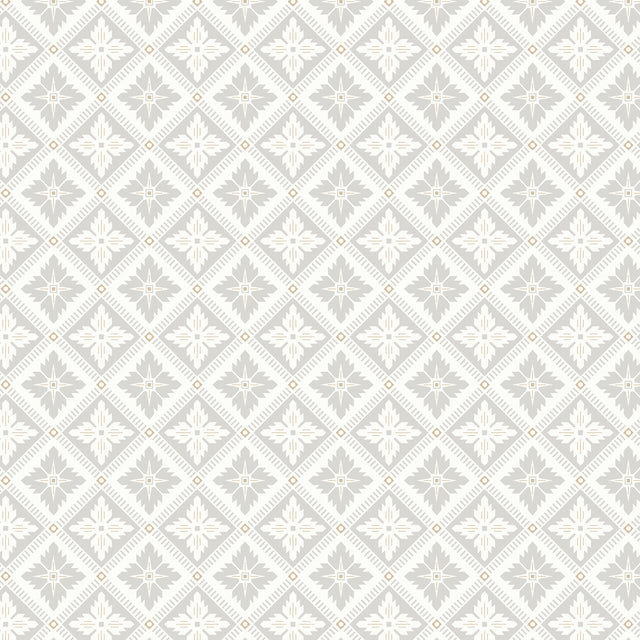 Loka grey and gold geometric floral wallpaper by Boråstapeter for Schumacher, shown in room and detail views