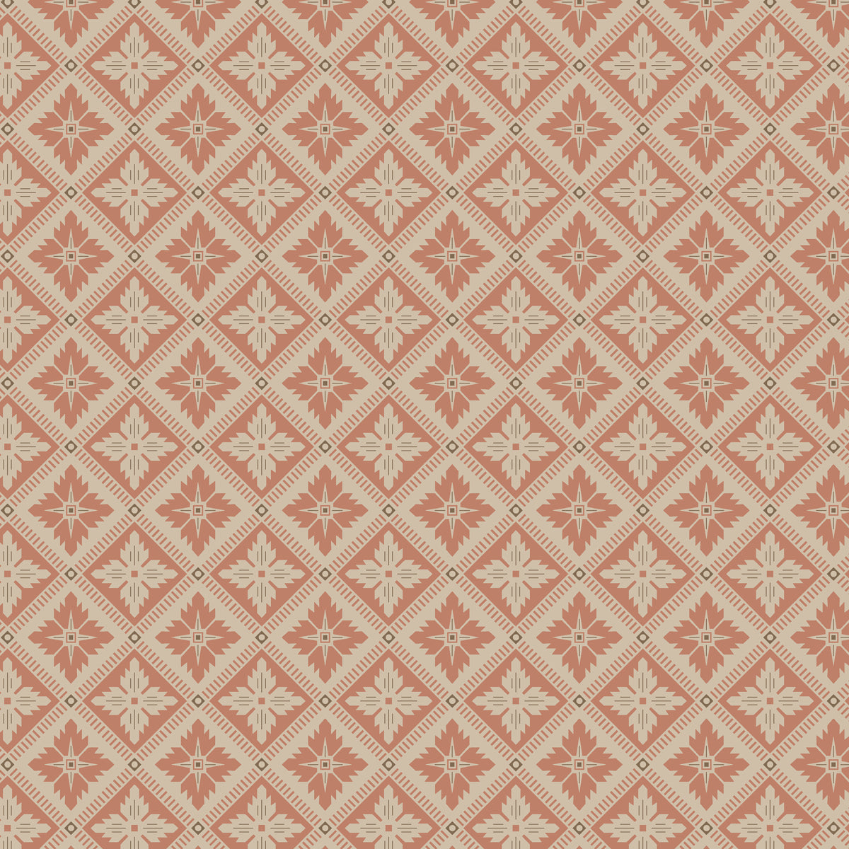 Loka Terracotta geometric floral wallpaper by Boråstapeter for Schumacher, shown in a styled interior and pattern close-up.