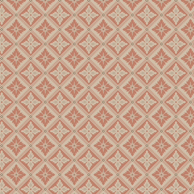 Loka Terracotta geometric floral wallpaper by Boråstapeter for Schumacher, shown in a styled interior and pattern close-up.