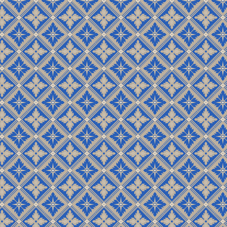 Loka Cobalt geometric floral wallpaper by Boråstapeter for Schumacher, shown in a cozy living room setting.