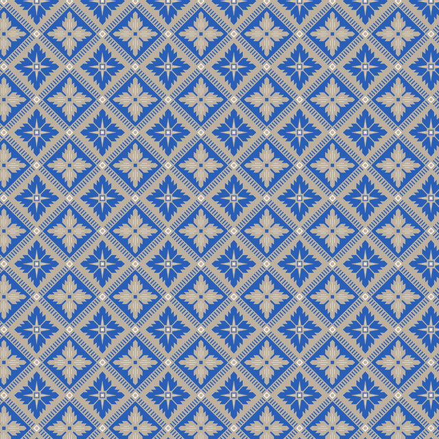 Loka Cobalt geometric floral wallpaper by Boråstapeter for Schumacher, shown in a cozy living room setting.