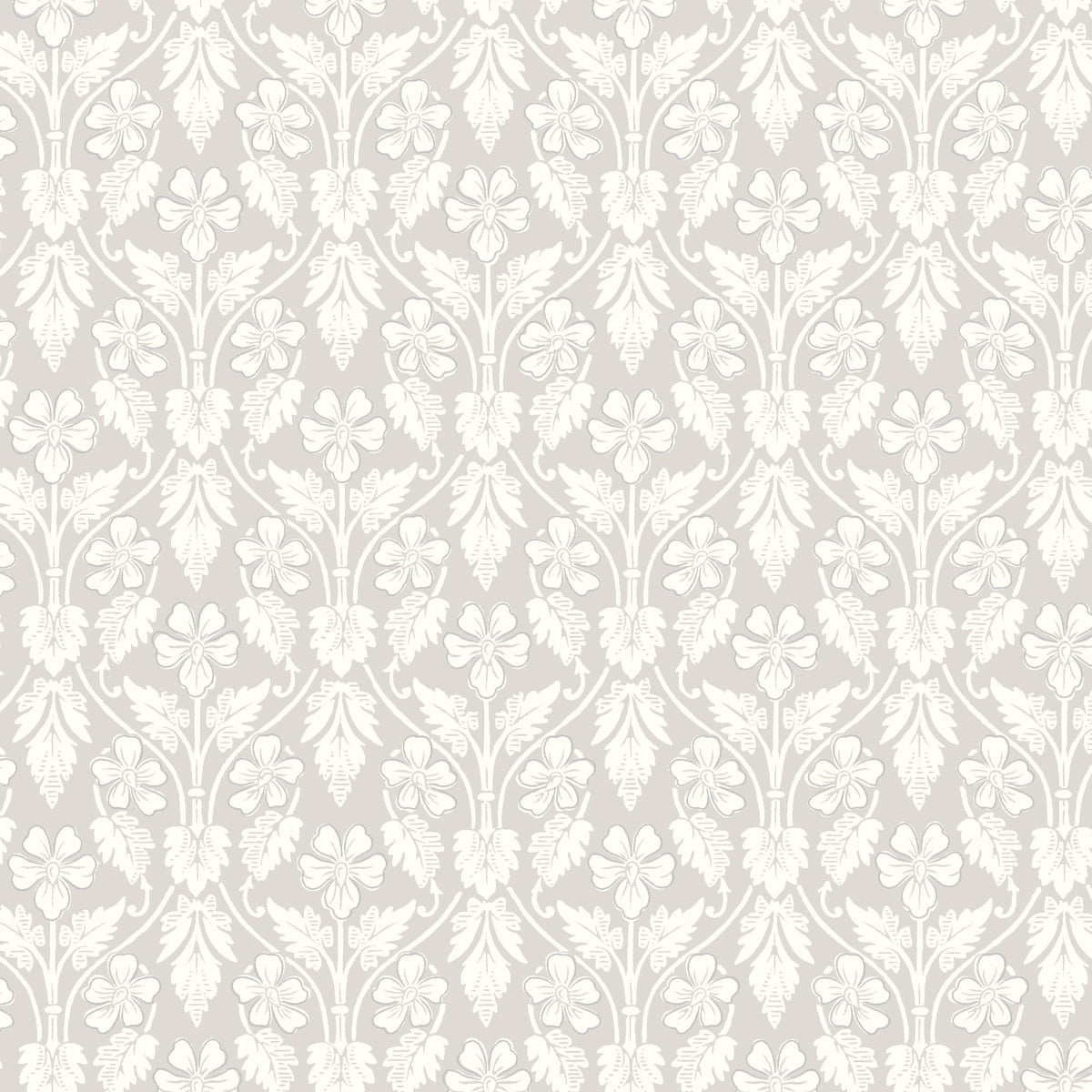 Nora grey Art Nouveau floral wallpaper by Boråstapeter for Schumacher, shown in a styled living room and pattern close-up.