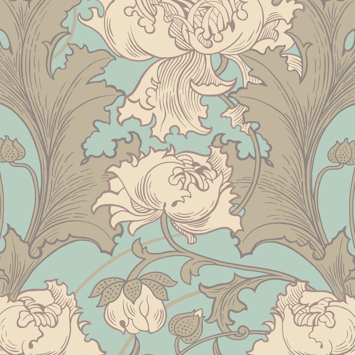 SIRI wallpaper in mineral colorway by Boråstapeter for Schumacher, featuring large-scale stylized florals in blue and beige tones.