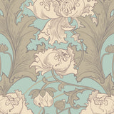 SIRI wallpaper in mineral colorway by Boråstapeter for Schumacher, featuring large-scale stylized florals in blue and beige tones.