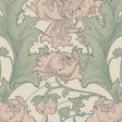 Siri Leaf by Boråstapeter, a lush floral wallpaper in green and blush pink, shown in a styled living room setting.