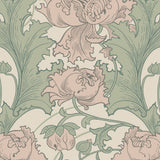 Siri Leaf by Boråstapeter, a lush floral wallpaper in green and blush pink, shown in a styled living room setting.