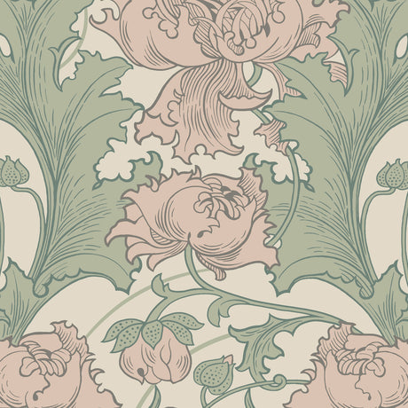 Siri Leaf by Boråstapeter, a lush floral wallpaper in green and blush pink, shown in a styled living room setting.