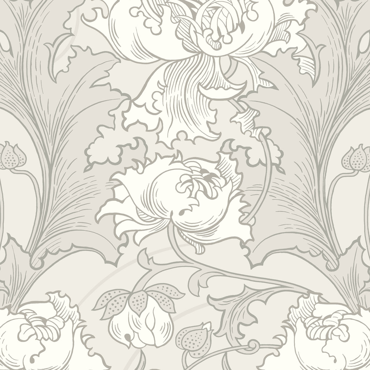 SIRI wallpaper in grey by Boråstapeter for Schumacher, featuring large-scale stylized floral pattern.