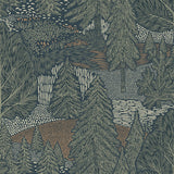 Northern Forest wallpaper by Boråstapeter for Schumacher, featuring a stylized Nordic landscape with spruce trees and rolling hills in spruce green tones.
