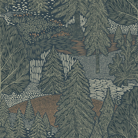 Northern Forest wallpaper by Boråstapeter for Schumacher, featuring a stylized Nordic landscape with spruce trees and rolling hills in spruce green tones.