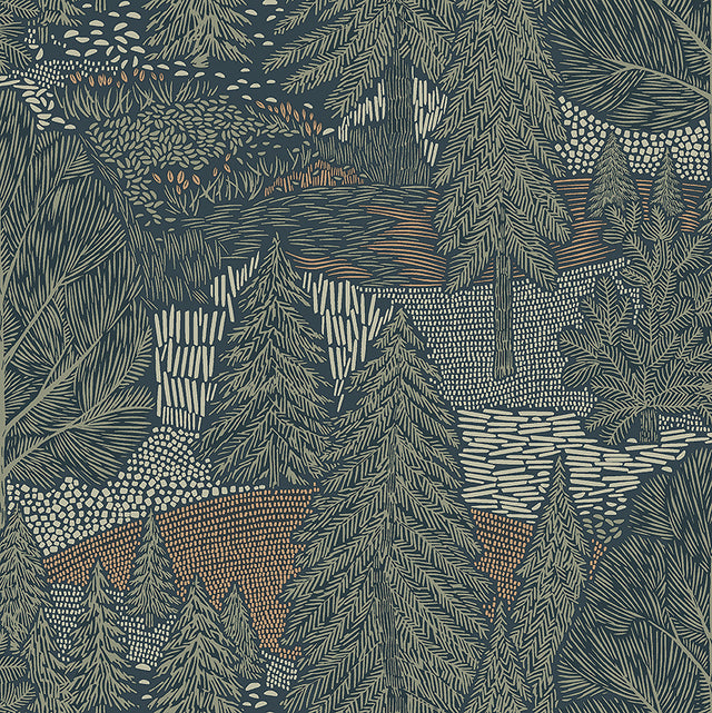 Northern Forest wallpaper by Boråstapeter for Schumacher, featuring a stylized Nordic landscape with spruce trees and rolling hills in spruce green tones.