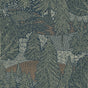 Northern Forest wallpaper by Boråstapeter for Schumacher, featuring a stylized Nordic landscape with spruce trees and rolling hills in spruce green tones.