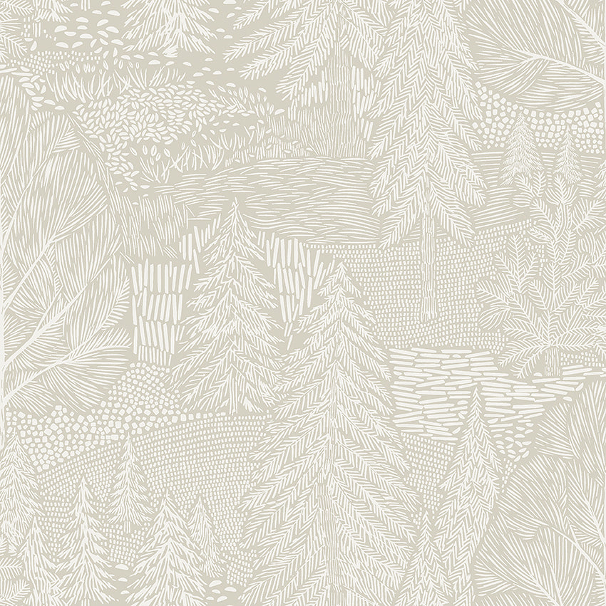 Northern Forest wallpaper by Boråstapeter for Schumacher, featuring a stylized Nordic landscape in ivory.