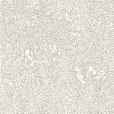 Northern Forest wallpaper by Boråstapeter for Schumacher, featuring a stylized Nordic landscape in ivory.