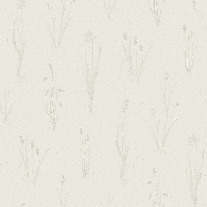 Moorland wallpaper in Stone by Boråstapeter for Schumacher, featuring painterly meadow grasses in a serene, neutral palette.