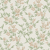 Forest Berries wallpaper by Boråstapeter for Schumacher, featuring leafy green branches and soft stone-colored berries on a light background.