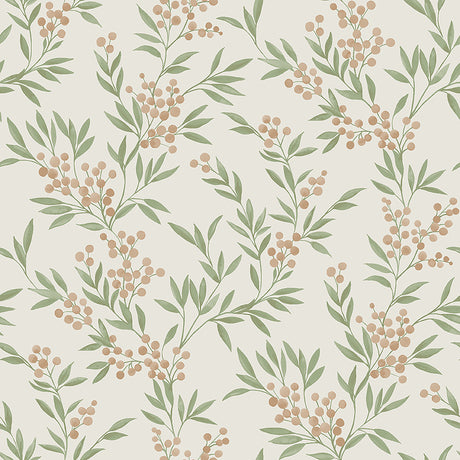Forest Berries wallpaper by Boråstapeter for Schumacher, featuring leafy green branches and soft stone-colored berries on a light background.