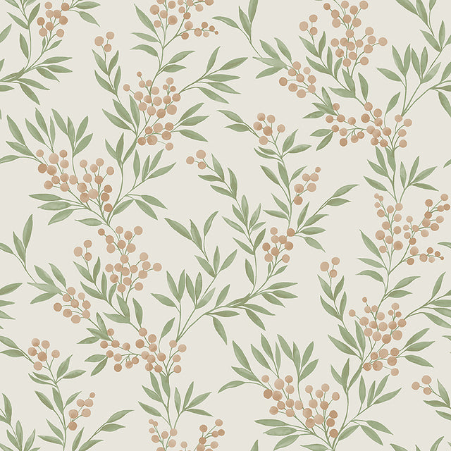 Forest Berries wallpaper by Boråstapeter for Schumacher, featuring leafy green branches and soft stone-colored berries on a light background.