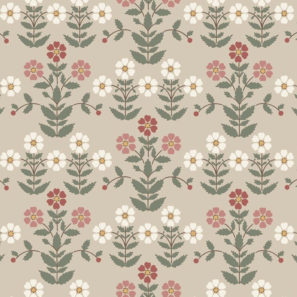 Sippor wallpaper by Boråstapeter for Schumacher, featuring a cheerful 1920s Scandinavian floral pattern in pinks and natural tones.